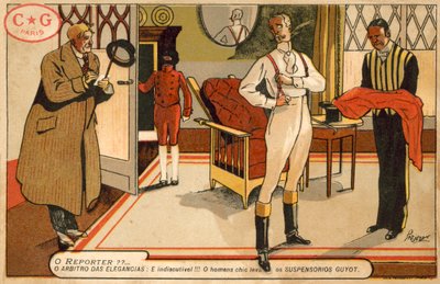 Reporter som intervjuar en gentleman som klär på sig (chromolitho) av French School