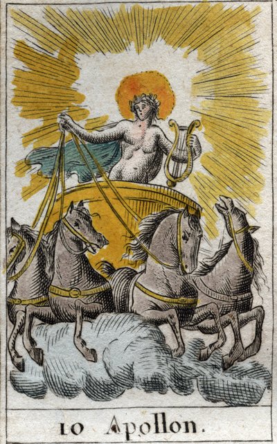 Representation av Apollo, gud för sång, musik och poesi, på sin vagn (Apollo, Gud av ljus, musik, poesi). Från "Mythology of Youth" av Pierre Blanchard 1803. av French School