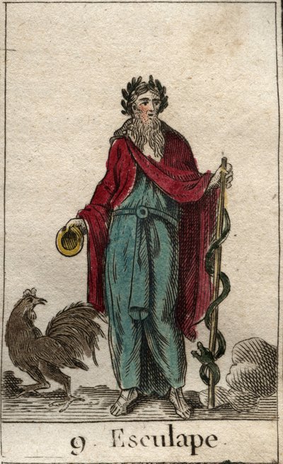Representation av Asclepios, medicinens gud, han håller i handen en pinne av Asclepios (lövfällande), en pinne av pelerine på vilken är lindad en orm, symbol för kunskap (medicinens gud, Asclepius (eller Asclepios eller Aesculapius) som håller en stav av A av French School