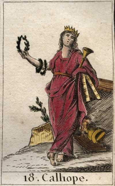 Representation of Calliope, musa av episk poesi, hon håller i sin hand en krona och trumpeten av epopee (Representation of Calliope, Muse of heroic poesi). Från "Mythology of Youth" av Pierre Blanchard 1803. av French School