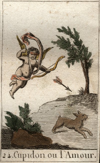 Representation av Amor, eller Amour, tjänare till Venus, som ett barn med ögonbindel, som drar en pil (Amor, kärlekens gud, som ett barn med ögonbindel, drar en pil). Från "Mythology of Youth" av Pierre Blanchard 1803. av French School