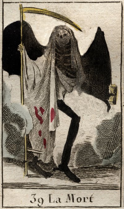 Representation of Death, skelett klädd i svart och vinge, han håller en stor falsk. (Döden, bevingat skelett klädt i svart, med en lie) Från "Mythologie de la jeunesse" av Pierre Blanchard 1803. av French School