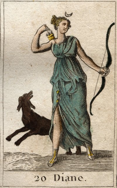 Representation av Diana, jaktens gudinna, hon håller en båge och pilar (Representation av Diana, jaktens gudinna). Från "Mythology of Youth" av Pierre Blanchard 1803. av French School