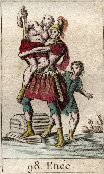 Representation av Enee under flykten från Troja tagen av grekerna, med sin far Anchise på sina axlar, följt av sin son Ascagne som barn. (Aeneas flyr bort Troja som plundrats av grekerna, bärande Anchises på ryggen och följt av hans så av French School