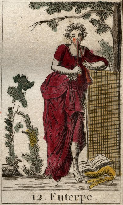 Representation av Euterpe, musikmusa, omgiven av notböcker och spelar dubbelflöjt (aulos) (Euterpe, musikmusa, föreställande att hålla en dubbelflöjt (aulos)). Från "Mythology of Youth" av Pierre Blanchard 1803. av French School