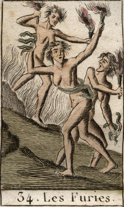 Representation av Furies, Tisphone, Megere och Alecton, förföljande gudomliga, som discharnees (Furierna, Tisphone, Megaera och Alecto, representerade som utmärglade kvinnor). Från "Mythology of Youth" av Pierre Blanchard 1803. av French School