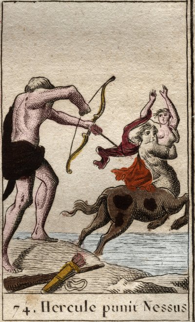 Representation av Hercules som decochar en förgiftad pil till kentauren Nessus (Nessos) som kidnappar sin fru Dejanire (Hercules (Heracles) sköt en förgiftad pil till kentauren Nessus som försöker kidnappa Deianira) Från "" Mythologie de la jeunesse "" av  av French School