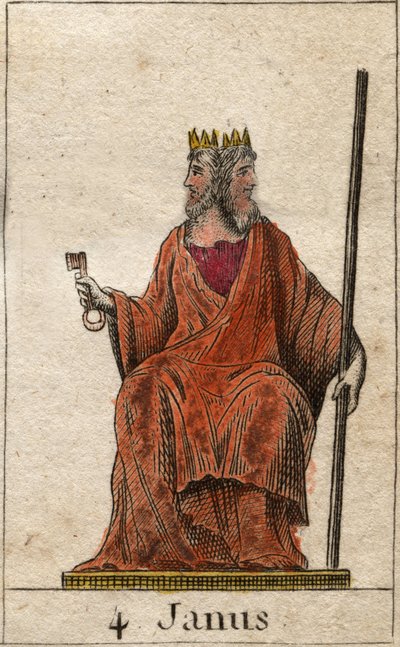 Representation av Janus, börjans gudom och passager, han representeras med två ansikten (Janus (eller Ianus) är guden för portar, dörrar, början och slut, representerad med två ansikten och en nyckel). Från "Mythology of Youth" av Pierre Blanchard 1803. av French School