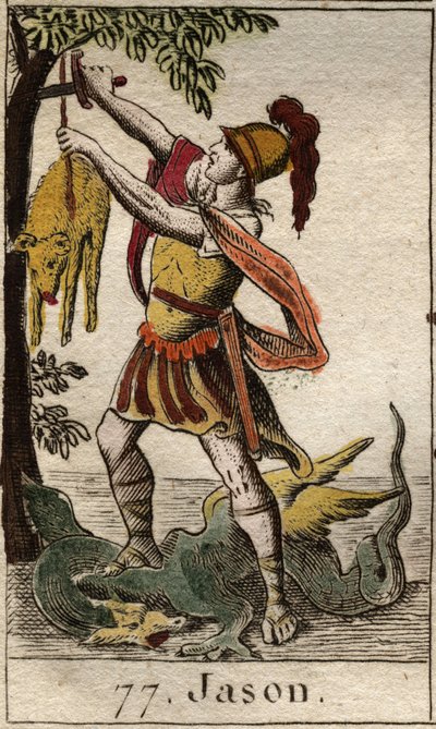 Representation av Jason, återställande av det gyllene skinnet, skinn av Chrysomallos, beliervinge, efter triumf för den sovande draken som vaktade det gyllene skinnet och fånga det. Från "Mythology of Youth" av Pierre Blanchard 1803. av French School