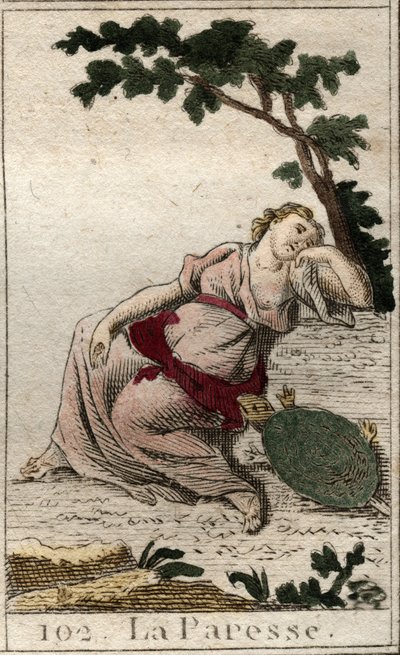 Representation av Laziness, dotter till Natten och Sömnen som en ung man med en sköldpadda. Från "Mythology of Youth" av Pierre Blanchard 1803. av French School