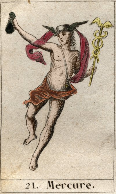 Representation av Merkurius, gud för handel, resor och budbärare för andra gudar. Han håller en caduceus och bär en petase (Mercurius, handelns gud och de andra gudarnas budbärare, han håller en caduceus och bär en petasos). Från "Mythology of Youth" av Pi av French School