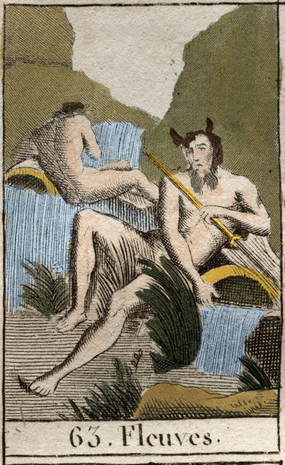 Representation av Rivers, gubbar med vått skägg och hår, de sitter nära vält urna (Representation of Strams, behornade gubbar med vått skägg och hår och de sitter nära vältad urna). Från "Mythology of Youth" av Pierre Blanchard 1803. av French School