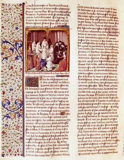 Avbildning av Sankt Bernhard av Clairvaux (San Bernardo di Chiaravalle) (1090-1153) barn. Han är i mitten av bilden, med en aureole över huvudet. Miniatyr i "Le miroir historial" (Speculum Historiale) (ms. 1196, fol. 372) av Vincent de Beauva av French School