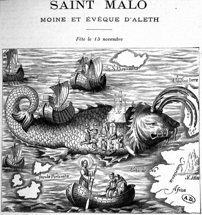 Representation av Saint Malo (Saint Maclou) på baksidan av en val representerad i vägen för Saint Brendan (Brandan) av Clonfert eller Breanainn av Clonfert (ca 484-577/578) - gravyr av French School