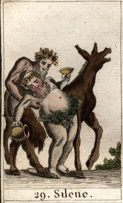Representation av Silene, följeslagare till Bacchus, berusad, stödd av en satyr. (Vännen till Bacchus Silenus, berusad, understödd av en ung satyr). Från "Mythology of Youth" av Pierre Blanchard 1803. av French School
