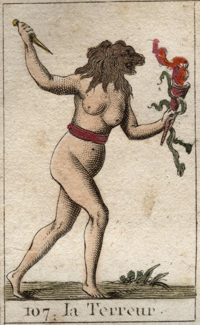 Representation av terror, som en kvinna med ett lejonhuvud, som håller en kniv och ormar. Från "Mythology of Youth" av Pierre Blanchard 1803. av French School