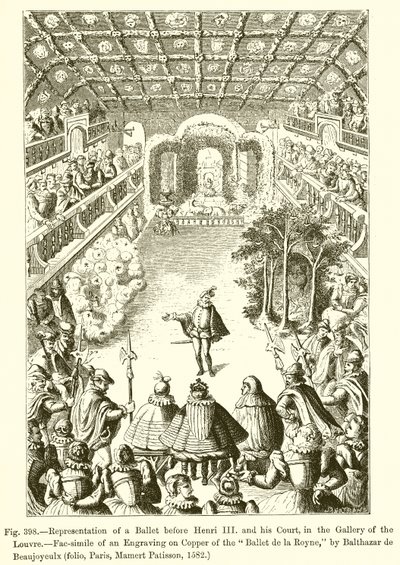 Representation av en balett inför Henri III och hans hov, i Louvrens galleri av French School