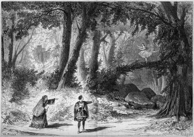 Representation av en balett: Scenografi av akt I, scen 2 av "The Papillon" av Jacques Offenbach (1819-1880). Dekor av Desplechin. Paris, Theatre Imperial de l