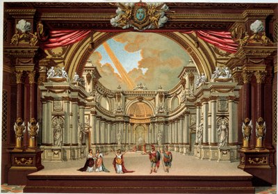 Representation av en pjäs av Jean Baptiste Poquelin dit Moliere (1622-1673) på teatern i slottet i Versailles. Litografi från 1800-talet. Dekorativ konst, Paris av French School