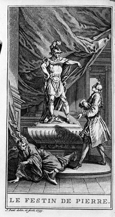 Representation av en scen i stycket "" Dom juan ou le fen de Pierre"" (1665) av Jean Baptiste Poquelin dit Moliere (1622-1673). Gravyr från 1739. av French School