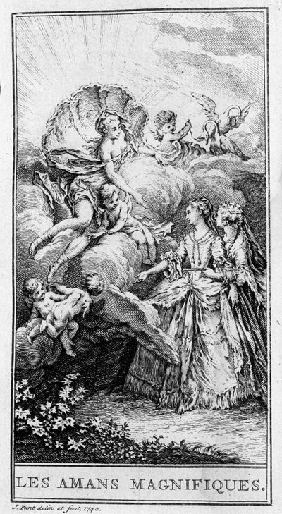 Representation av en scen i stycket "" Les lovers magnificients"" (1670) av Jean Baptiste Poquelin dit Moliere (1622-1673). Gravyr från 1740. av French School