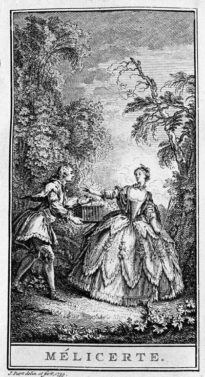 Representation av en scen i stycket "" Melicerte"" (1666) av Jean Baptiste Poquelin dit Moliere (1622-1673). Gravyr från 1739. av French School