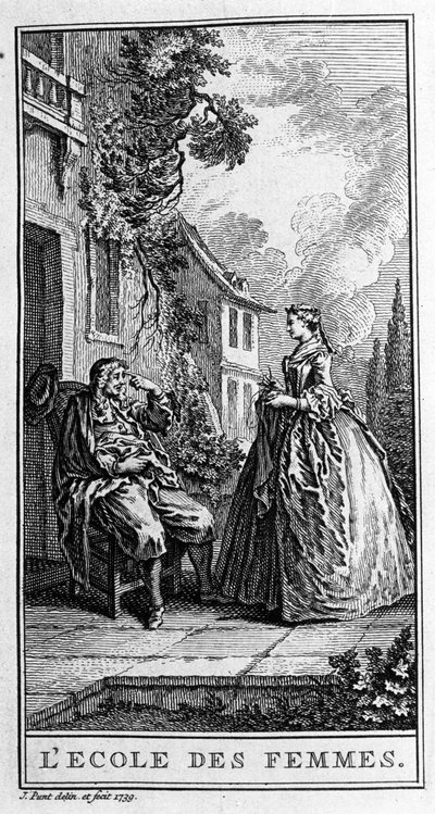 Representation av en scen i pjäsen ""Kvinnornas skola"" (1662) av Jean Baptiste Poquelin dit Moliere (1622-1673). Gravyr från 1739. av French School