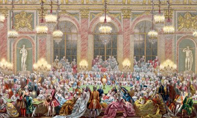 Representation av ett sammanträde av "" Jeu du roi"" vid kung Ludvig XV:s hov, kungaspelet av French School