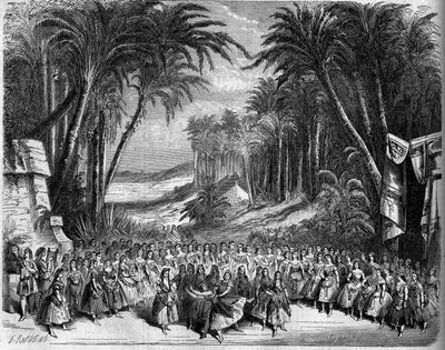 Representation av en opera: Scenografi av akt II av "Drottningen av Saba"" på ett libretto av Michel Carre (1819-1872) och Jules Barbier (1822-1901) och en musik av Charles Gounod (1818-1893). Paris, Theatre de l