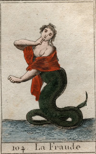Representation av fusk (oärlighet), som en farlig orm med ett leende kvinnahuvud). Från "Mythology of Youth" av Pierre Blanchard 1803. av French School