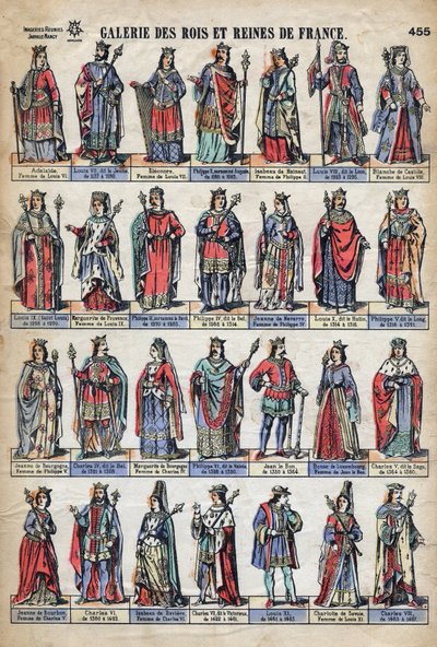 Representation av kungar och drottningar av Frankrike från Capetian-dynastin (från Ludvig VII till Karl VIII). Illustration sent 1800-tal. av French School