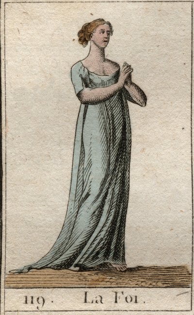 Representation of the Faith, kvinna klädd i vitt med sammanfogade händer. (Troen som ung kvinna, klädd i vit klänning, med sammanfogade händer). Från "Mythology of Youth" av Pierre Blanchard 1803. av French School