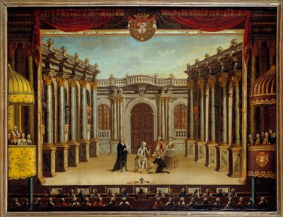 Representation av "" Imaginary Malad" av Jean Baptiste Poquelin dit Moliere (1622-1673) på Menorca Theatre, Spanien; utsikt över scenen. Anonym målning av French School