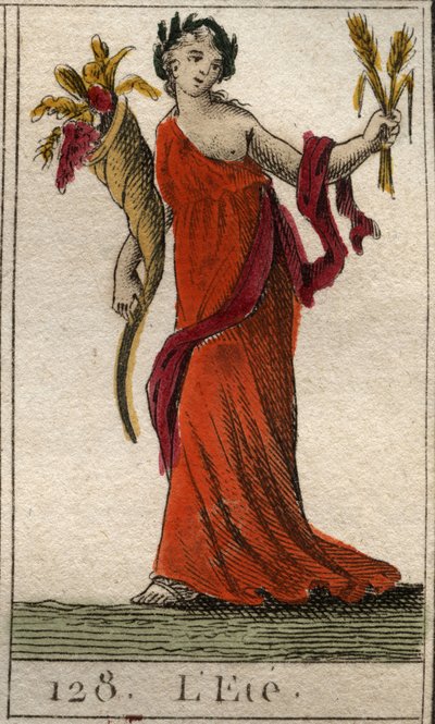 Representation av sommarsäsongen som Ceres som håller en krans av vete och ett horn av överflöd. (Sommaren representerad som Ceres som håller ett löv och ett ymnighetshorn). Från "Mythology of Youth" av Pierre Blanchard 1803. av French School