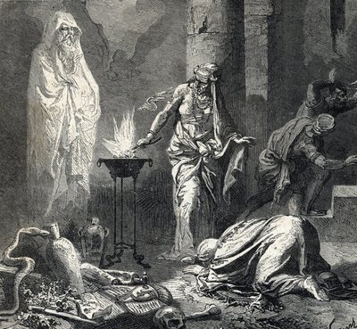 Representation av häxan från Endor (eller Pythonisse av Endor), en kanaaneisk by som nämns i Samuels första bok (bibel) som har en talisman med vilken hon kallar spöket av profeten Samuel som nyligen avlidit, på begäran av Saul, kung av Isr av French School