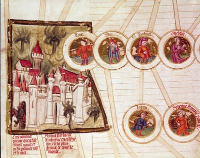 Representation av staden Nimrud (Kalkhu eller Kalhu eller Kalwakhum och Kalakh) och genealogin för Labans och Rebecca Pages familj hämtad från manuskriptet "Genealogy de la Bible"" från den franska skolan. Cremone från 1300-talet, biblioteca governativa av French School