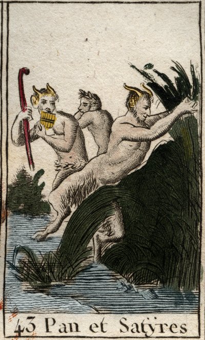Representation av landsguden Pan och satyrer. Han har håriga lår, getfötter och spelar flöjt (Syrinx) har flera pipor. (Bondguden Pan, representerad med satyrer, han har lurviga ben och getfötter, han spelar syrinx eller panflöjt) Ur “Mythologie de av French School