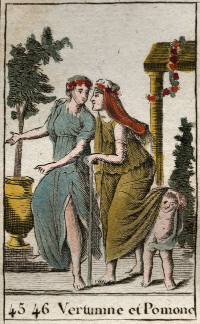 Representation av höstens gud Vertumne och Pomonef, nymf av frukt och trädgårdsskötsel. Vertumne ser ut som en gammal kvinna för att förföra Pomone. (representation av Vertumnus, höstens gud, med Pomona, frukternas och trädgårdarnas gudinna, Vertumnus spår av French School
