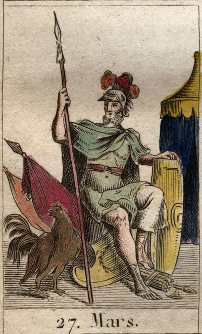 Representation av krigsguden Mars, vapen, nära en tupp. (Krigsguden Mars beväpnad med dubb). Från "Mythology of Youth" av Pierre Blanchard 1803. av French School