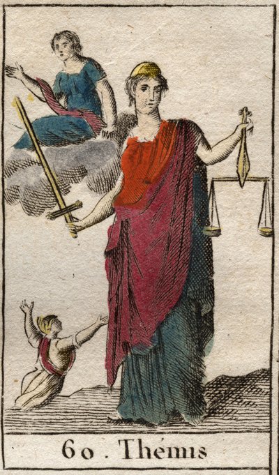 Representation av rättvisans och lagens gudinna, Themis, håller hon en balans och ett svärd. (Representation av Themis, rättvisans och lagens gudinna, hon har ögonbindel och håller en balans och ett svärd). Från "Mythology of Youth" av Pierre Blanchard 180 av French School