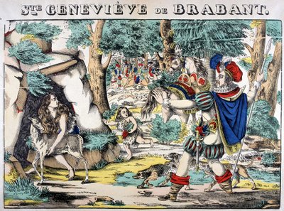 Representation av legenden om Saint Genevieve av Brabant. Scen för mötet mellan Genevieve övergiven i skogen och hennes man. Bild på Epinal av French School