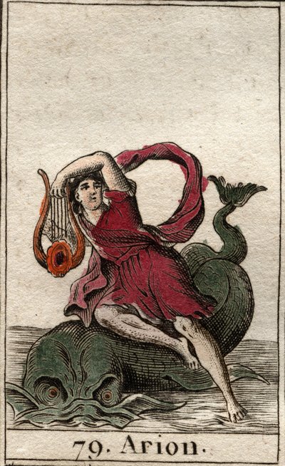 Representation av den legendariske grekiske poeten Arion de Methymne, charmör av delfiner av hans cithare (Representation av Arion, grekisk poet som charmar delfinerna genom att spela kithara). Från "Mythology of Youth" av Pierre Blanchard 1803. av French School