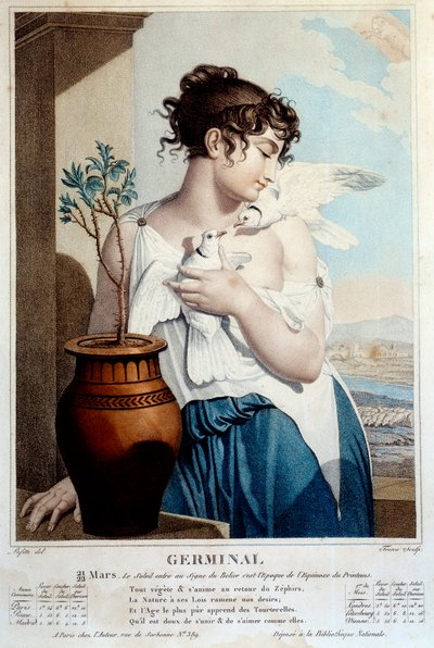 Republikansk kalender: Årets germinal II (21 mars). Gravyr av Tresca efter Laffitte av French School