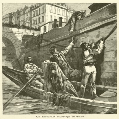 Räddning av en kvinna från floden Seine i Paris (gravyr) av French School