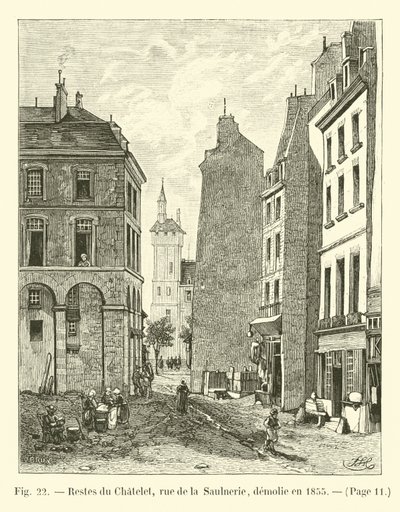 Rester av Chatelet, rue de la Saulnerie, revs 1855 av French School