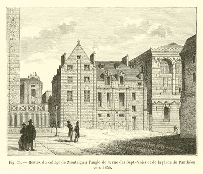 Rester av Montaigu-kollegiet i hörnet av rue des Sept-Voies och place du Pantheon, omkring 1850 av French School