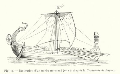 Restitution av ett normandiskt skepp, 1000-talet; efter Bayeuxtapeten (gravyr) av French School