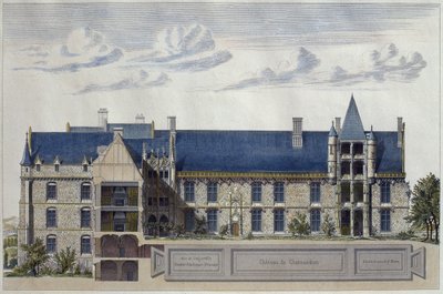 Restaurering av Chateau de Chateaudun, illustration från Le Moniteur des architectes, graverad av H. Penel (färgstick) av French School