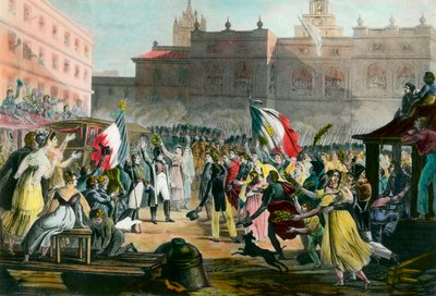 Napoleon Bonapartes (1769-1821) återkomst från ön Elba till Grenoble i mars 1815. Gravyr omkring 1815 Privat samling av French School