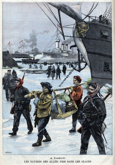 Revolt des Boxers (1898-1900) de allierades fartyg i isen Atakou. i "" Le Petite Parisien"" av French School